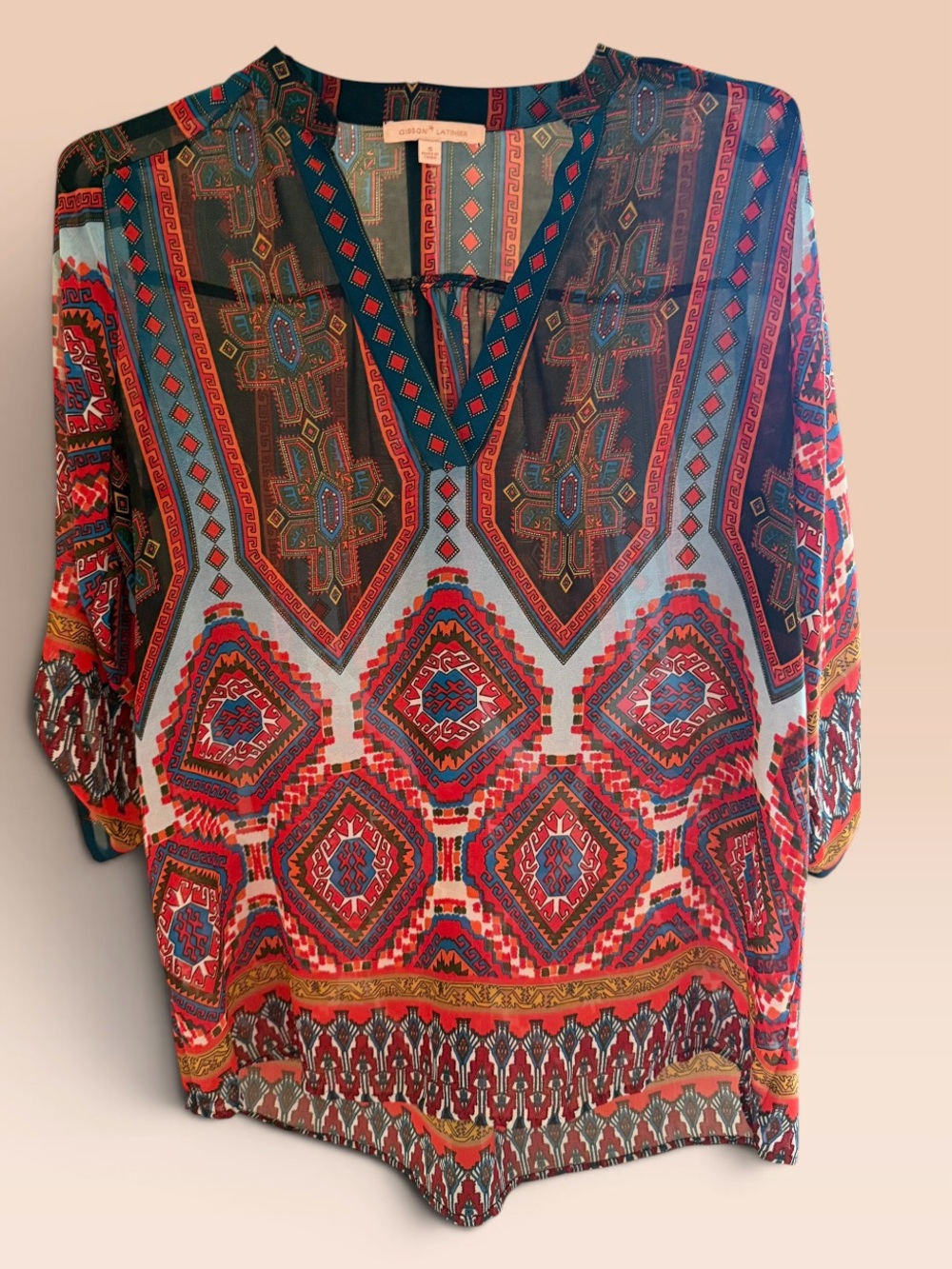 Gibson Latimer Red Multi Geometric V-Neck Tunic